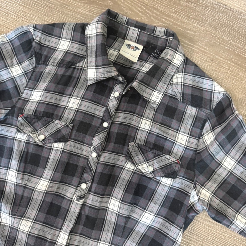Harley Davidson Button Up Women M Black Plaid Embellished Back Western Shirt